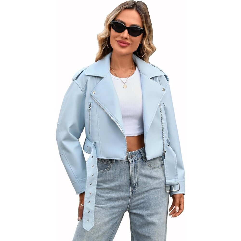 Women's Blue Faux Leather Cropped Jacket Vegan Motor Biker Coat with Belt